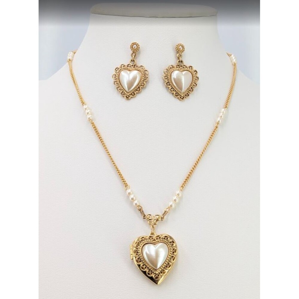 1928 Jewelry Necklace Earrings Set Faux Pearl Heart Locket Gold Tone Filigree